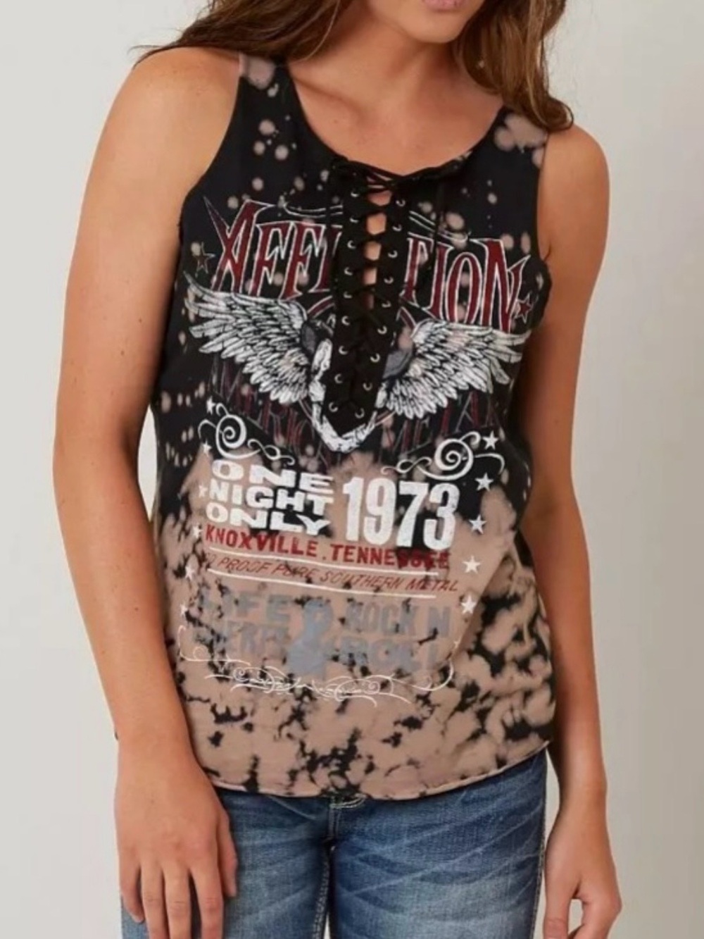 Affliction Black and Tan Lace-Up Tie-Dye Graphic Tank